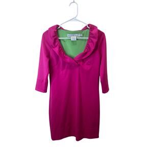 Gretchen Scott Jersey Ruffleneck Dress Hot Pink 3/4 Sleeve Sz XXS/Shrimp Great!